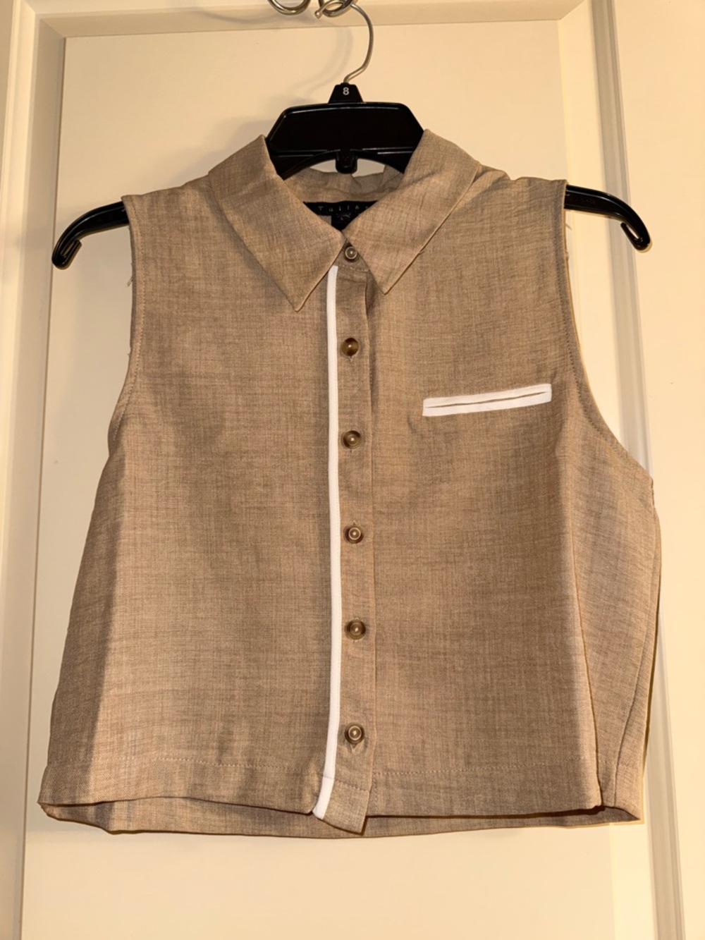 Sleeveless Tan Linen Button-Up Top with White Trim